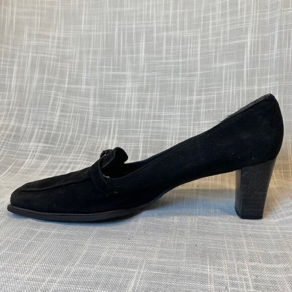 Stuart Weitzman Square Toe Pump Black Suede Buckle Strap Heel Womens Size 9 AA - Picture 4 of 8